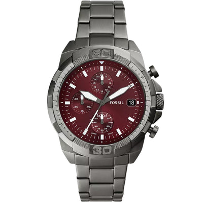 Fossil Bronson Chronograph FS6017 analog herrklocka med rött urtavla och armband i rostfritt stål