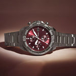 Fossil Bronson Chronograph FS6017 analog herrklocka med rött urtavla och armband i rostfritt stål