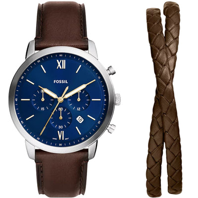 Fossil Neutra Chronograph SET FS6018SET analog herrklocka med mörk blå urtavla och armband i läder