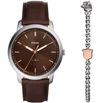 Fossil Minimalist FS6019SET analog herrklocka med brun urtavla och armband i läder