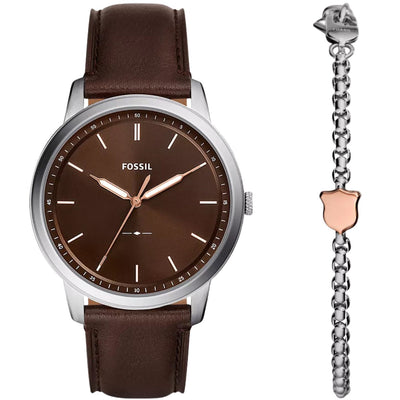 Fossil Minimalist FS6019SET analog herrklocka med brun urtavla och armband i läder