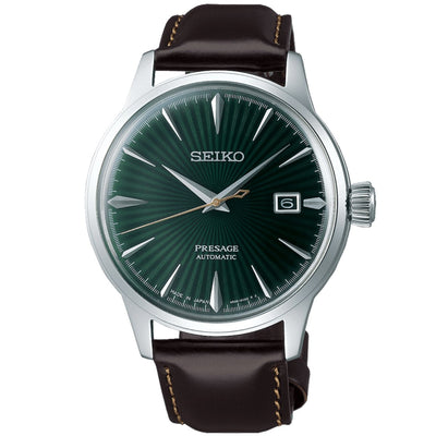 Seiko Presage Cocktail SRPD37J1 analog herrklocka med grön urtavla och armband i läder
