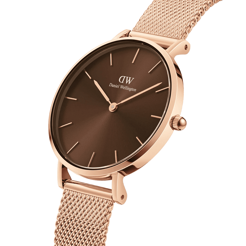 Daniel Wellington Petite Amber analog damklocka med brun urtavla och armband i rostfritt stål