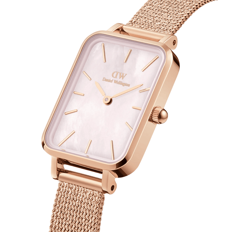 Daniel Wellington Quadro Pressed Melrose DW00100510 analog damklocka med rosa urtavla och armband i rostfritt stål
