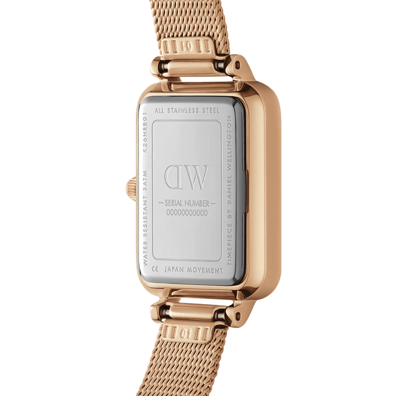 Daniel Wellington Quadro Pressed Melrose DW00100510 analog damklocka med rosa urtavla och armband i rostfritt stål