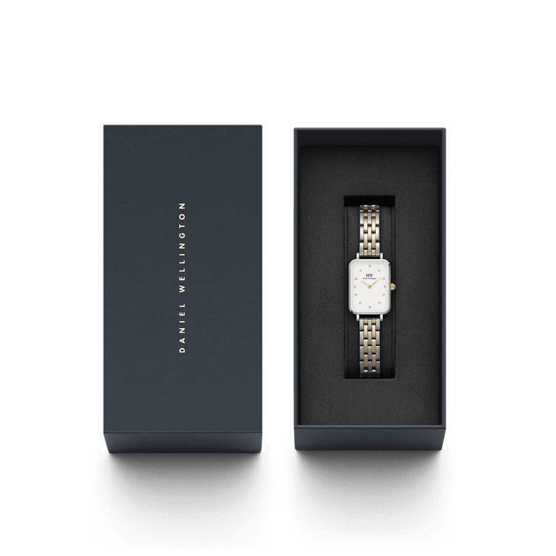 Daniel Wellington Quadro Lumine 5-link two-tone analog damklocka med vit urtavla och armband i rostfritt stål