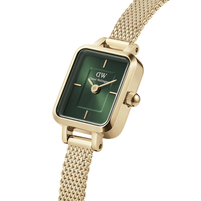 Daniel Wellington Quadro Mini Evergold Emerald analog damklocka med grön urtavla och armband i rostfritt stål