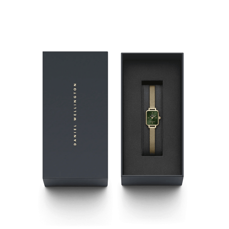 Daniel Wellington Quadro Mini Evergold Emerald analog damklocka med grön urtavla och armband i rostfritt stål