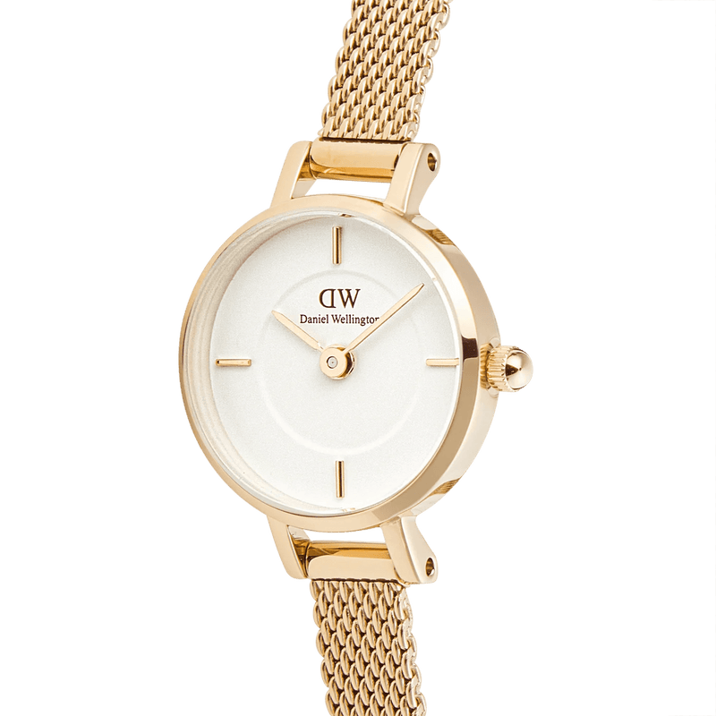 Daniel Wellington Petite Mini Evergold analog damklocka med vit urtavla och armband i rostfritt stål