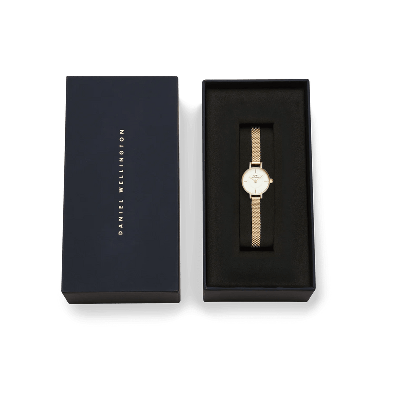 Daniel Wellington Petite Mini Evergold analog damklocka med vit urtavla och armband i rostfritt stål