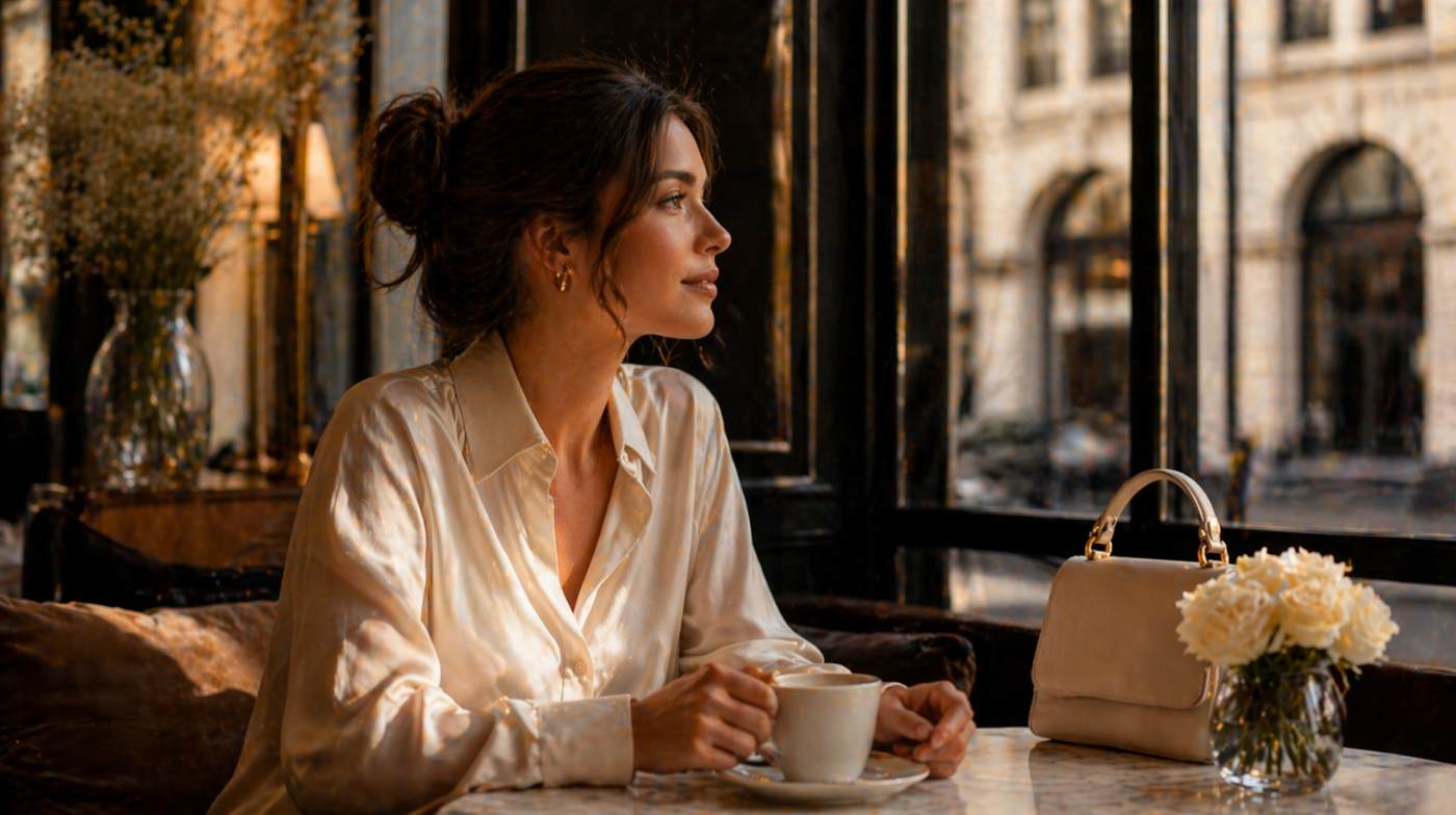 Stilfull kvinna i elegant cafémiljö med exklusiv känsla och fokus på damklockor.