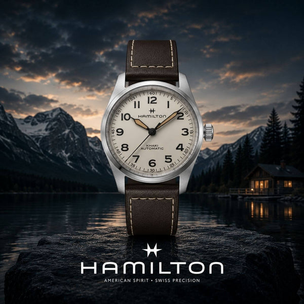 Hamilton Khaki automatisk klocka med ljus urtavla och brunt läderarmband framför berg, sjö och stuga i kvällsljus.