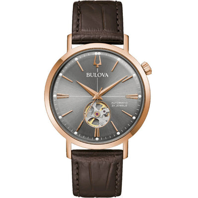 Bulova Aerojet Automatic 97A171 analog herrklocka med grå urtavla och armband i läder