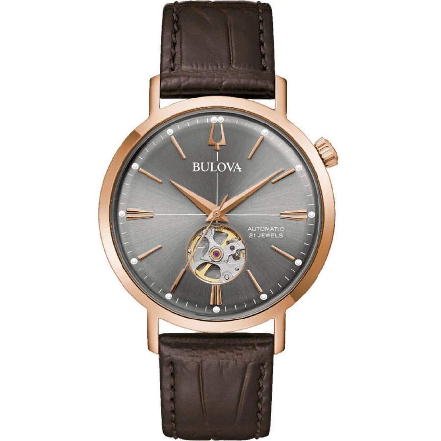 Bulova Aerojet Automatic 97A171 analog herrklocka med grå urtavla och armband i läder