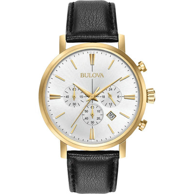 Bulova Aerojet 97B155 analog herrklocka med vit urtavla och armband i läder