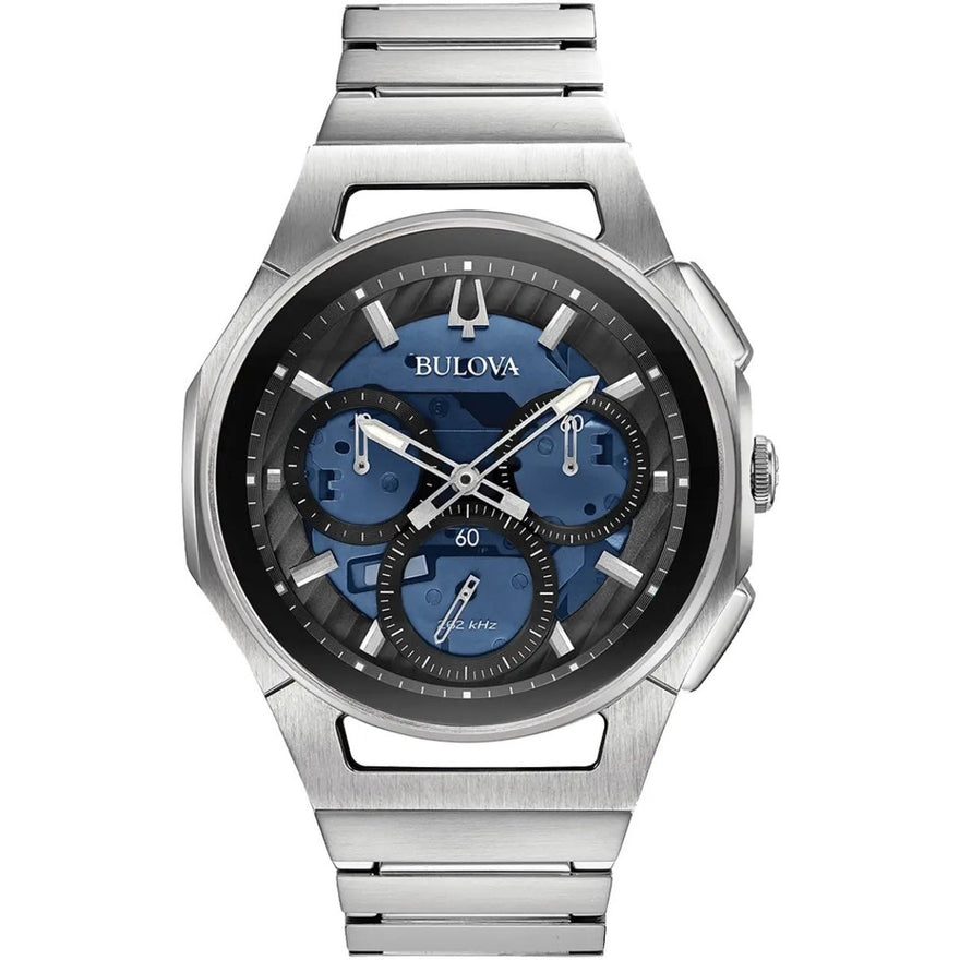 Bulova Curv 96A205 analog herrklocka med blå urtavla och armband i rostfritt stål