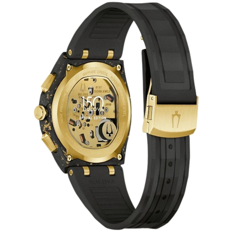 Bulova Curve Forged Carbon Anniversary 98A328 analog herrklocka med svart urtavla och armband i gummi