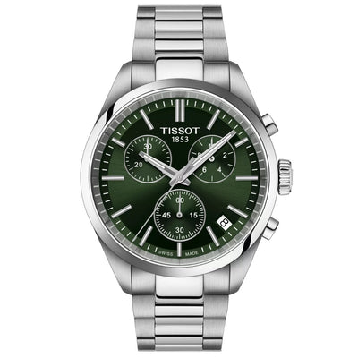 Tissot PR 100 T150.417.11.091.00 analog herrklocka med grön urtavla och armband i rostfritt stål