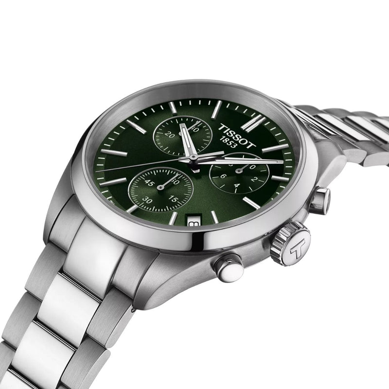 Tissot PR 100 T150.417.11.091.00 analog herrklocka med grön urtavla och armband i rostfritt stål