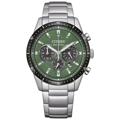 Citizen Eco-Drive Chronograph CA4624-56X analog herrklocka med grön urtavla och armband i rostfritt stål