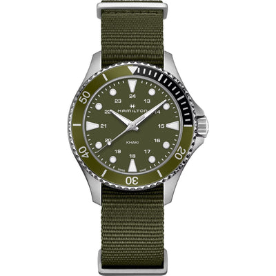 Hamilton Khaki Navy Scuba H82241961 analog unisexklocka med grön urtavla och armband i textil