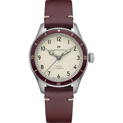 Hamilton Khaki Aviation Pilot H76265810 analog herrklocka med vit urtavla och armband i läder