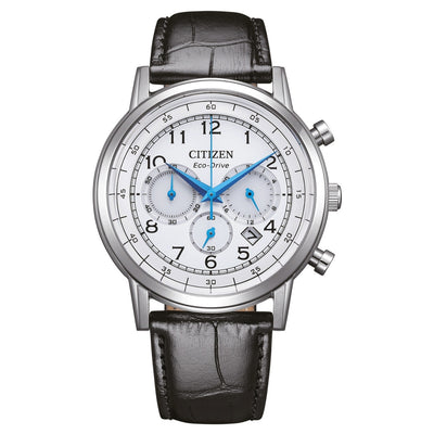 Citizen Eco-Drive Chronograph CA4630-02A analog herrklocka med vit urtavla och armband i läder