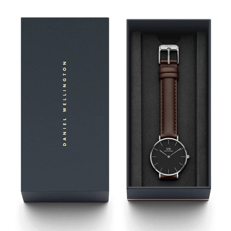 Daniel Wellington Classic Petite DW00100177 analog damklocka med svart urtavla och armband i läder