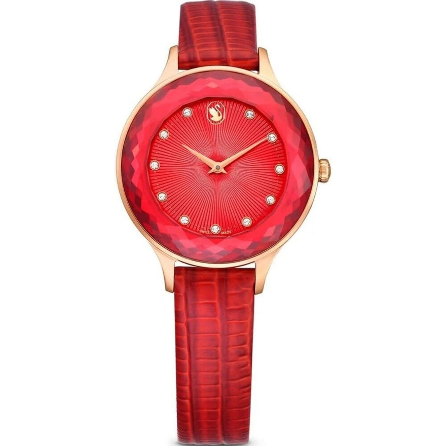 Swarovski Octea Nova 5650002 analog damklocka med rött urtavla och armband i läder