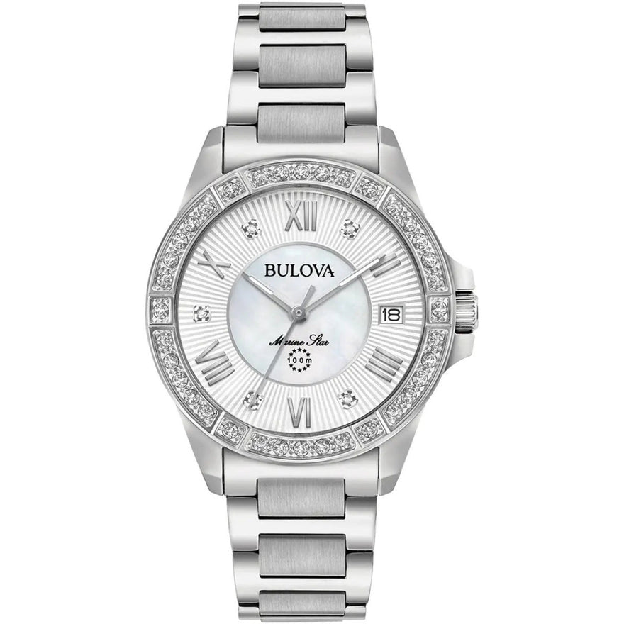 Bulova Marine Star Diamond 96R232 analog damklocka med vit urtavla och armband i rostfritt stål