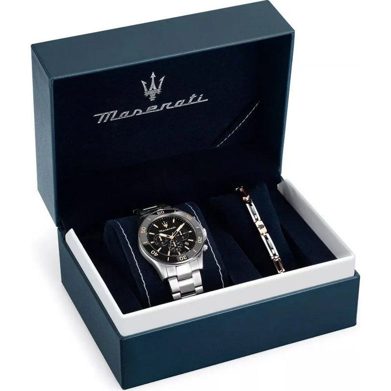 Maserati Competizione Set R8873600001 analog herrklocka med svart urtavla och armband i rostfritt stål