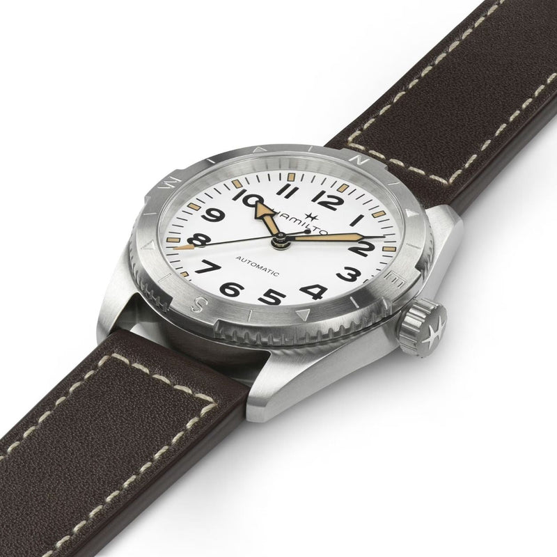 Hamilton Khaki Field Expedition Auto H70225510 analog herrklocka med vit urtavla och armband i läder