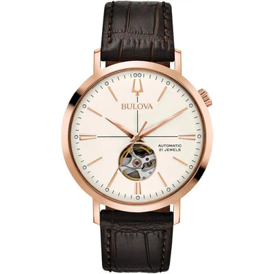 Bulova Classic 97A136 analog herrklocka med vit urtavla och armband i läder