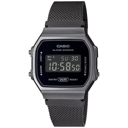 Casio Vintage A168WEMB-1BEF digital unisexklocka med svart urtavla och armband i rostfritt stål