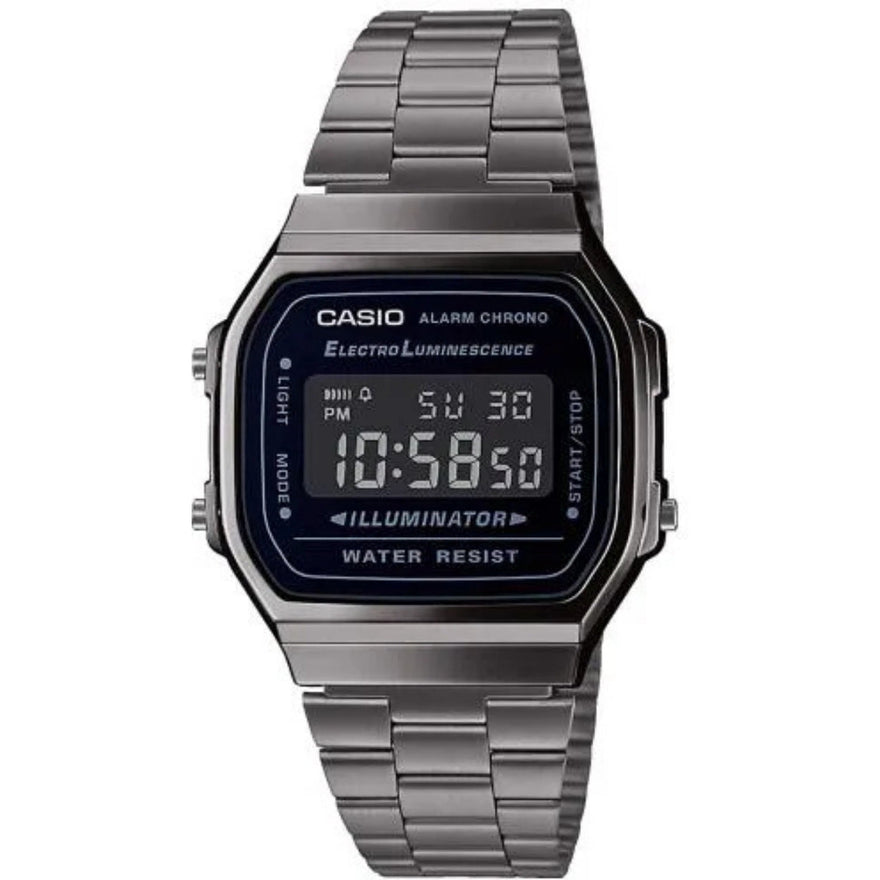 Casio Vintage A168WEGG-1BEF digital herrklocka med svart urtavla och armband i rostfritt stål