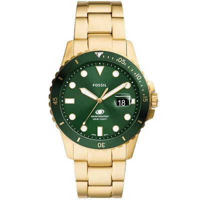 Fossil Blue Dive FS6030 analog herrklocka med grön urtavla och armband i rostfritt stål