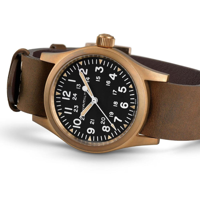 Hamilton Khaki Field Mechanical Bronze H69459530 analog herrklocka med svart urtavla och armband i läder