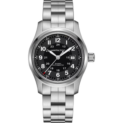 Hamilton Khaki Field Auto H70515137 analog herrklocka med svart urtavla och armband i rostfritt stål