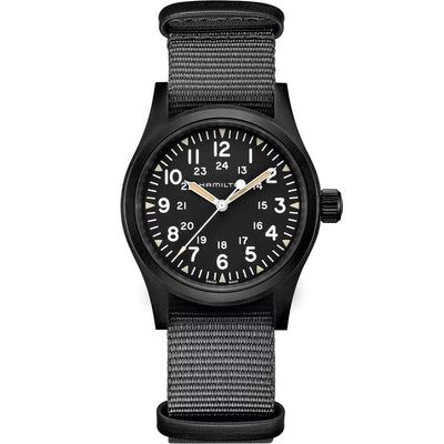 Hamilton Khaki Field Mechanical H69409930 analog herrklocka med svart urtavla och armband i textil