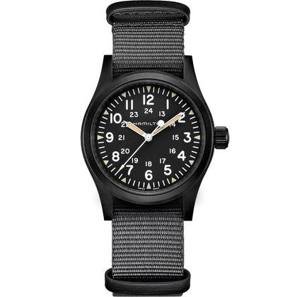 Hamilton Khaki Field Mechanical H69409930 analog herrklocka med svart urtavla och armband i textil