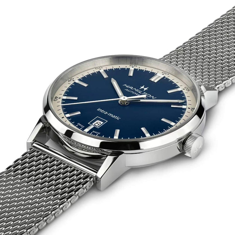 Hamilton American Classic Intra-Matic Auto H38425140 analog herrklocka med blå urtavla och armband i rostfritt stål