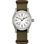 Hamilton Khaki Field Mechanical H69439411 analog herrklocka med vit urtavla och armband i textil