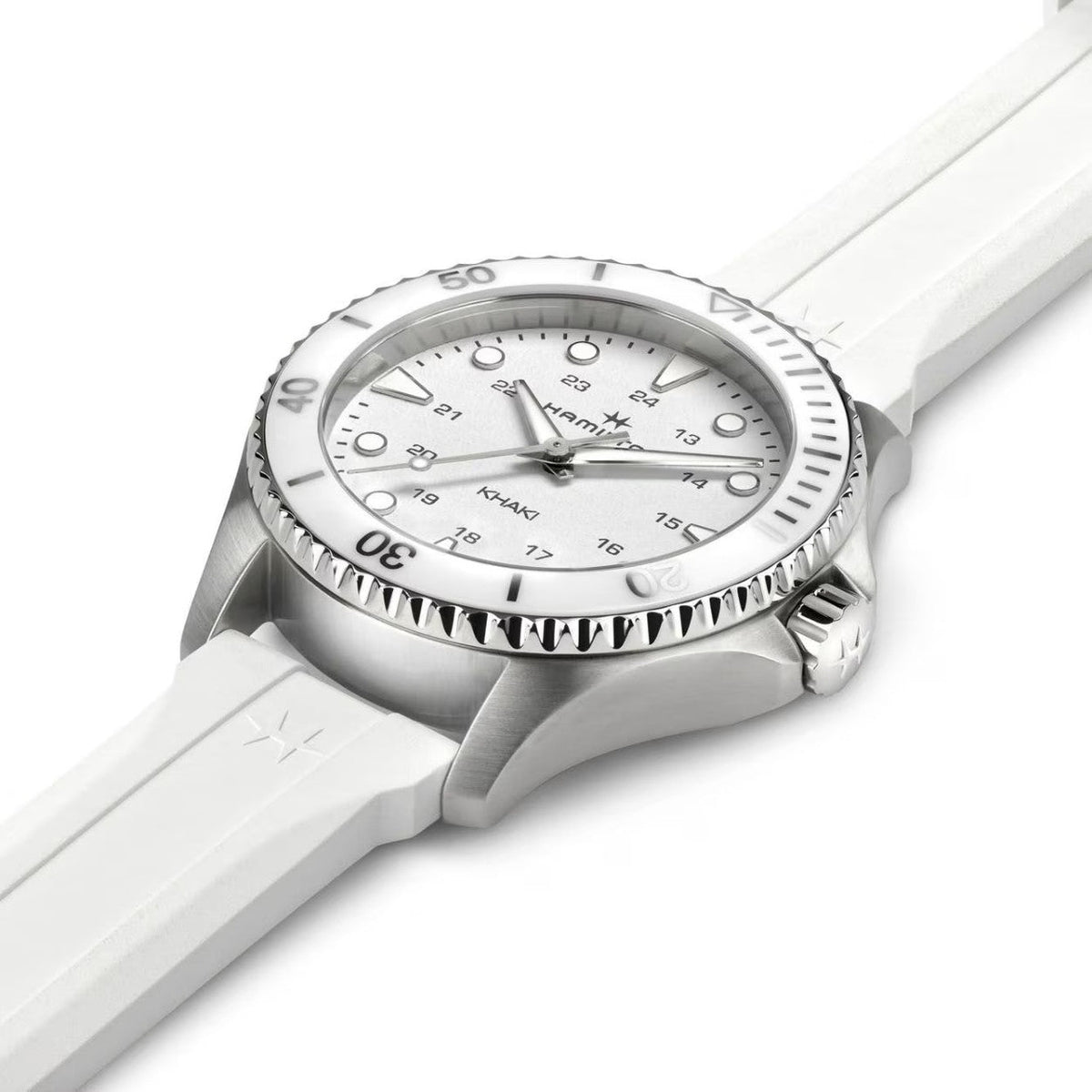 Hamilton Khaki Navy Scuba H82221310 analog unisexklocka med vit urtavla och armband i gummi