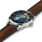 Hamilton Jazzmaster Open Heart Auto H32675540 analog herrklocka med blå urtavla och armband i läder