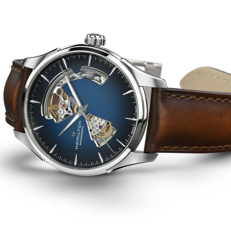 Hamilton Jazzmaster Open Heart Auto H32675540 analog herrklocka med blå urtavla och armband i läder