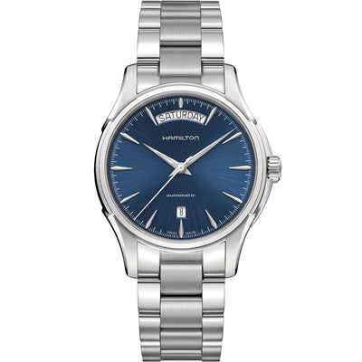 Hamilton Jazzmaster Day Date Auto H32505141 analog herrklocka med blå urtavla och armband i rostfritt stål