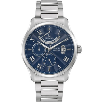 Bulova Wilton Power Reserve 96C147 analog herrklocka med blå urtavla och armband i rostfritt stål