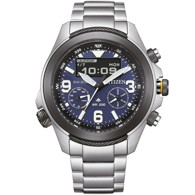 Citizen Promaster Eco-Drive JV1006-51L ana-digi herrklocka med blå urtavla och armband i rostfritt stål