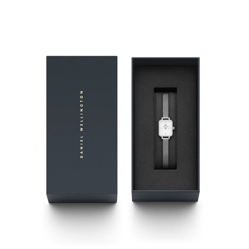 Daniel Wellington Quadro Mini Lumine Bezel Silver DW00100732 analog damklocka med vit urtavla och armband i rostfritt stål