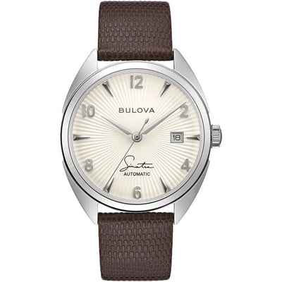 Bulova Frank Sinatra Fly Me To The Moon 96B347 analog herrklocka med beige urtavla och armband i läder
